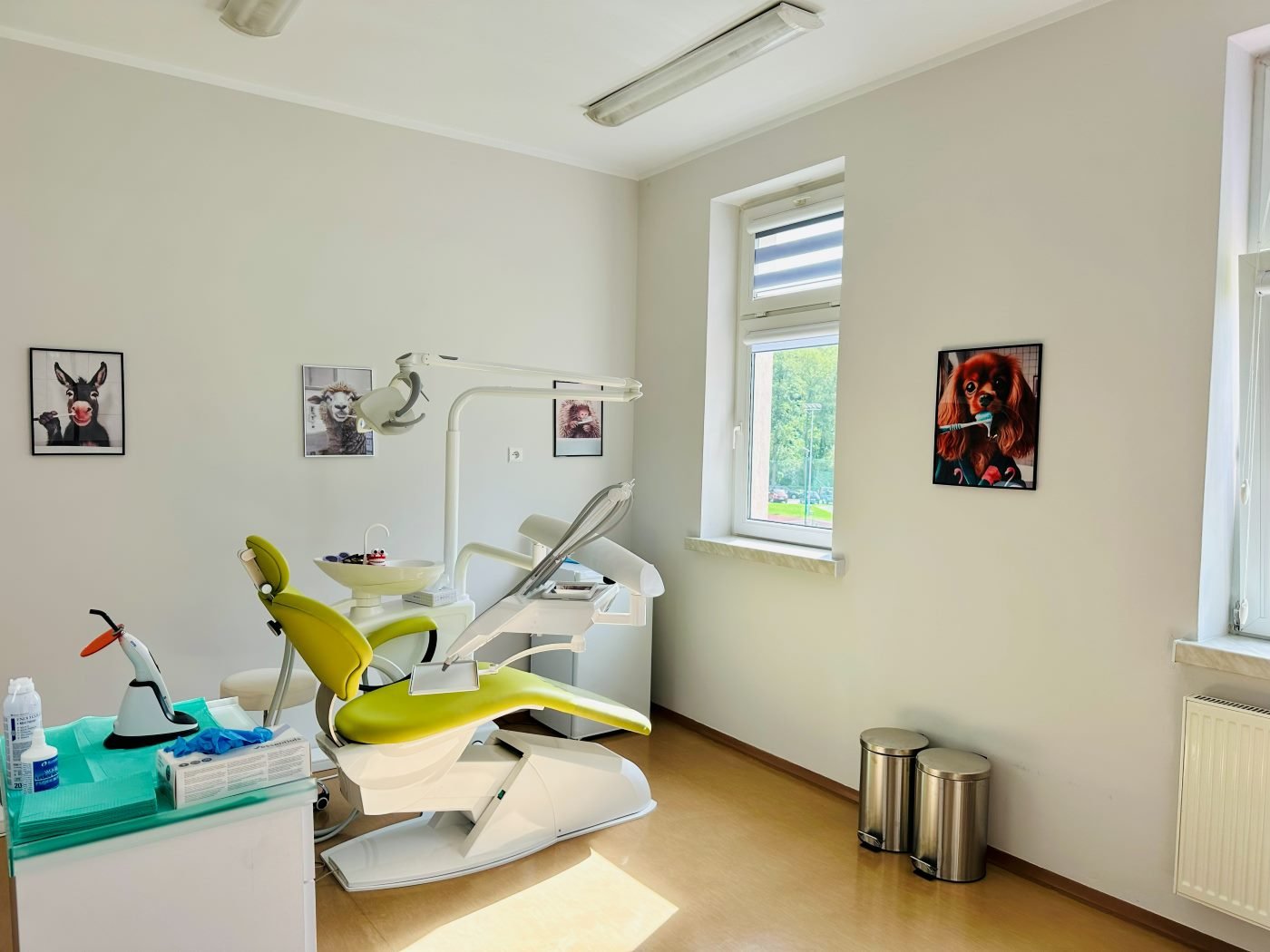 Jasny, nowoczesny gabinet stomatologiczny Tiger Dental w szkole w Słupnie